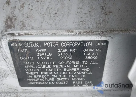 2013 Suzuki Sx4 Premium из США, поврежденный, VIN JS2YB5A31D6100037